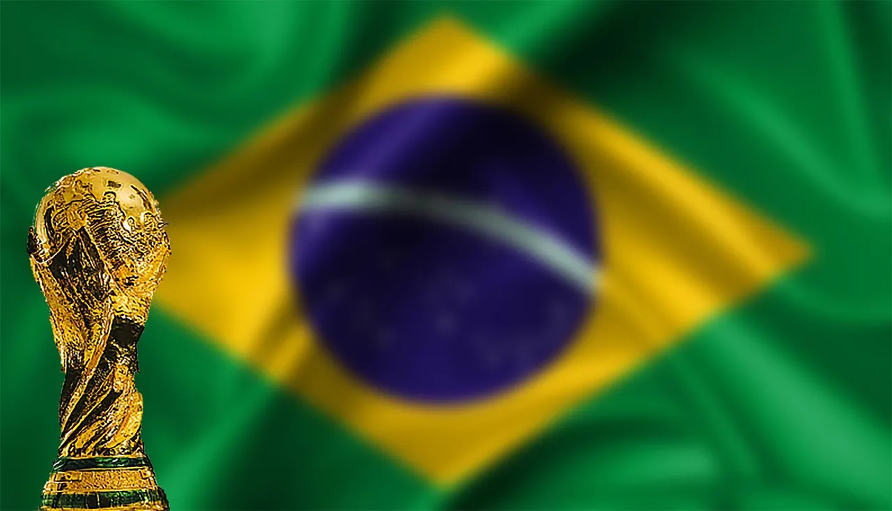 Taça da Copa do Mundo com a bandeira do Brasil ao fundo